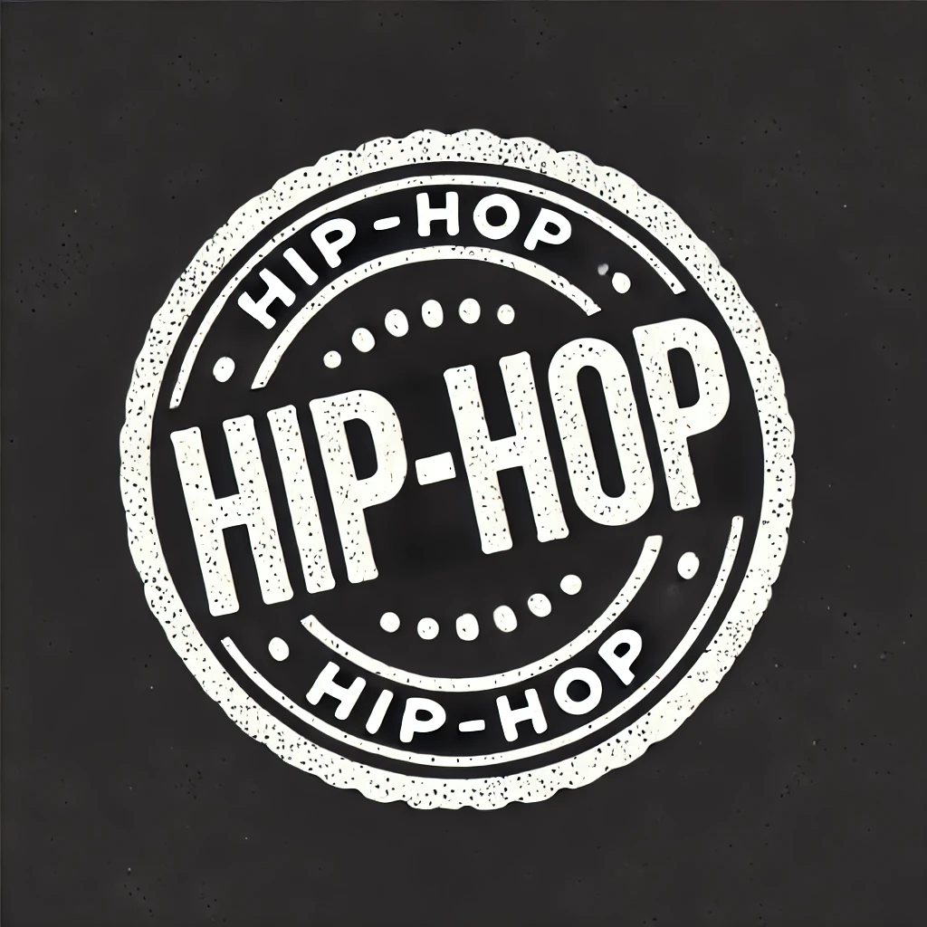 DALL·E 2025-02-11 18.06.45 - A round black seal with white text that says 'Hip-Hop'. The design is bold and clear, with a slightly vintage or stamp-like appearance