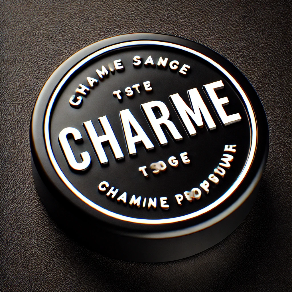 DALL·E 2025-02-11 18.17.15 - A round black seal with bold white text that says 'Charme'. The background is completely black, and the text is in a clean, professional, and highly r